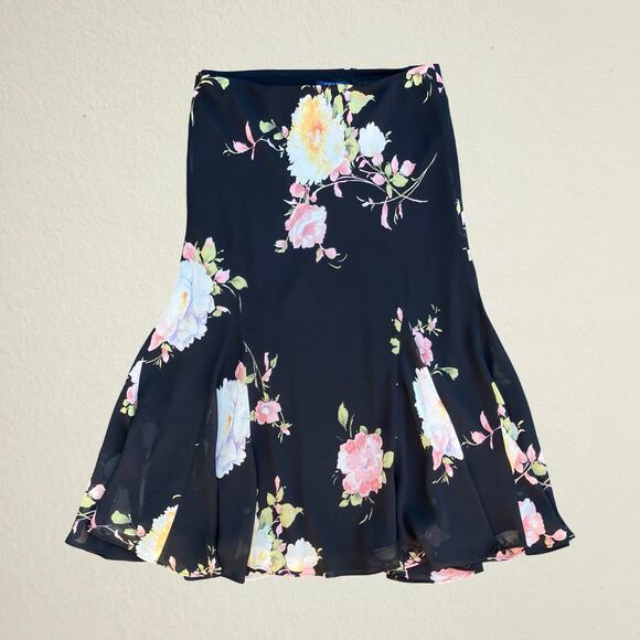 Black floral godet midi skirt romantic Y2K boho chic whimsigoth fairy castlecore - Picture 1 of 6